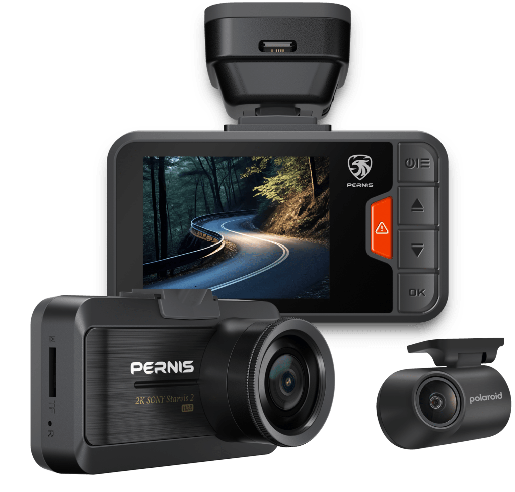 Pernis DS202WGS + RC-E11 dual dash cam system featuring 2K front and rear cameras with Sony STARVIS 2 sensors, HDR support, built-in GPS, Wi-Fi connectivity, and a 2.0-inch LCD screen.
