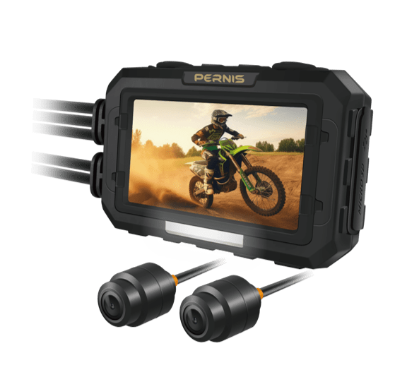 Pernis MS298WGS motorcycle dash cam featuring dual 1080P HDR cameras with Sony STARVIS sensors, 140° wide-angle lenses, IP67 waterproof rating, 2.7-inch LCD screen, built-in GPS, Wi-Fi connectivity, and electronic image stabilization (EIS).