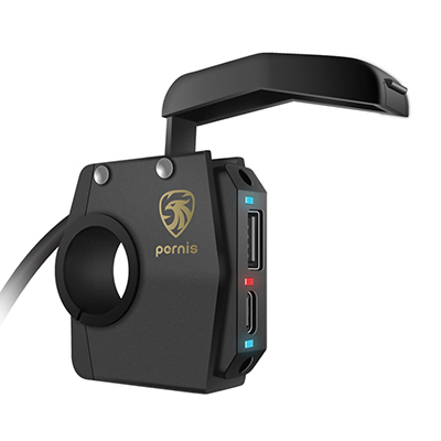 Pernis MDC-23QCU motorcycle handlebar-mounted fast charger featuring dual USB-A and USB-C ports, supporting up to 45W output with PD, QC, VOOC, FCP, and SCP protocols; equipped with IP67 waterproof rating, low-voltage protection, LED indicators, and a 1.6-meter cable.